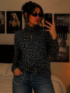 Susan Graver Blue Leopard Print Turtleneck Top XL Y2K Style Women's Size XL